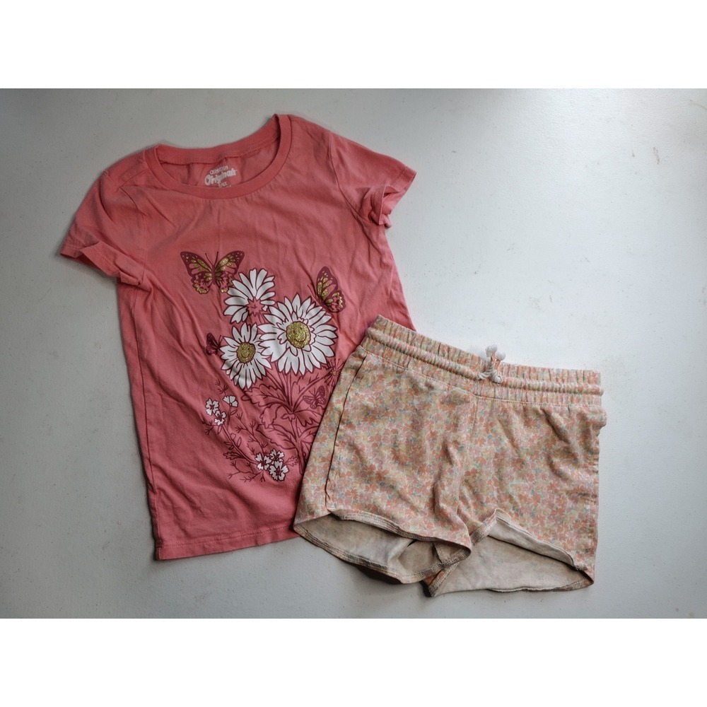 OshKosh B'gosh Girls Pink Daisy Butterfly Shirt Floral Shorts Set Size 6 6X